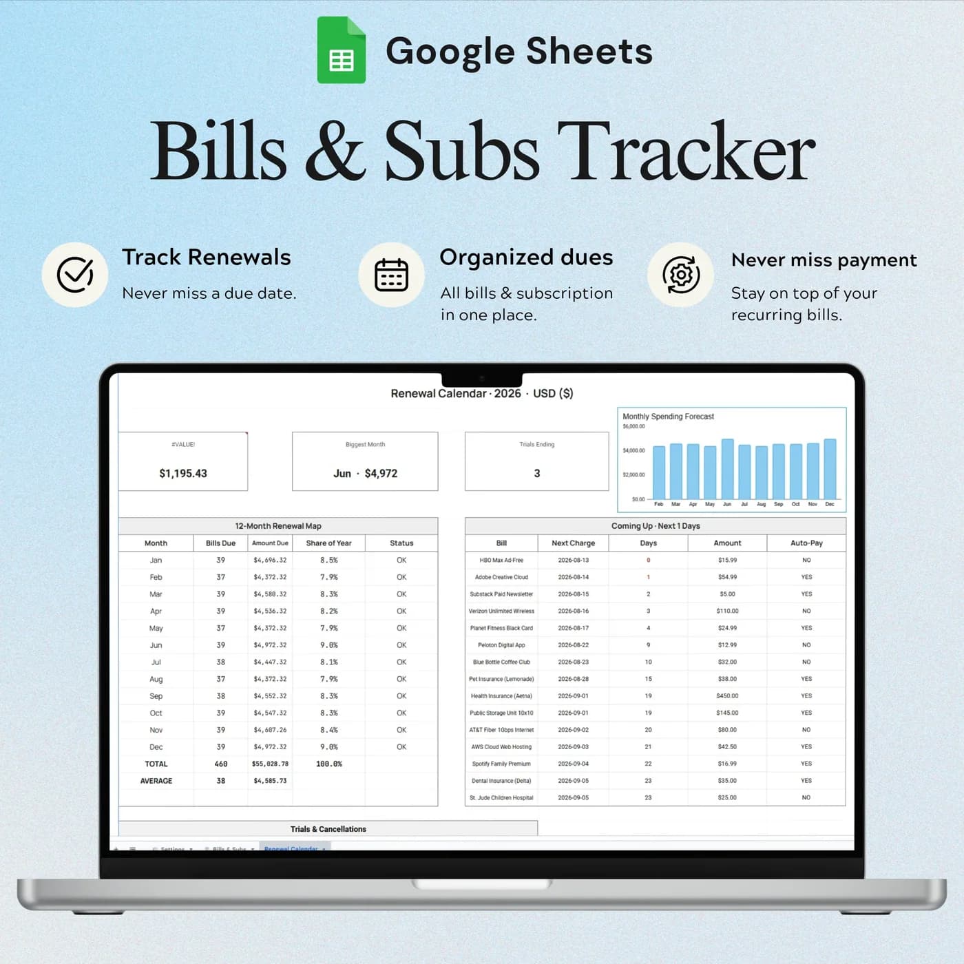 Bills & Subscription Tracker, Bill Tracker Renewal Calendar