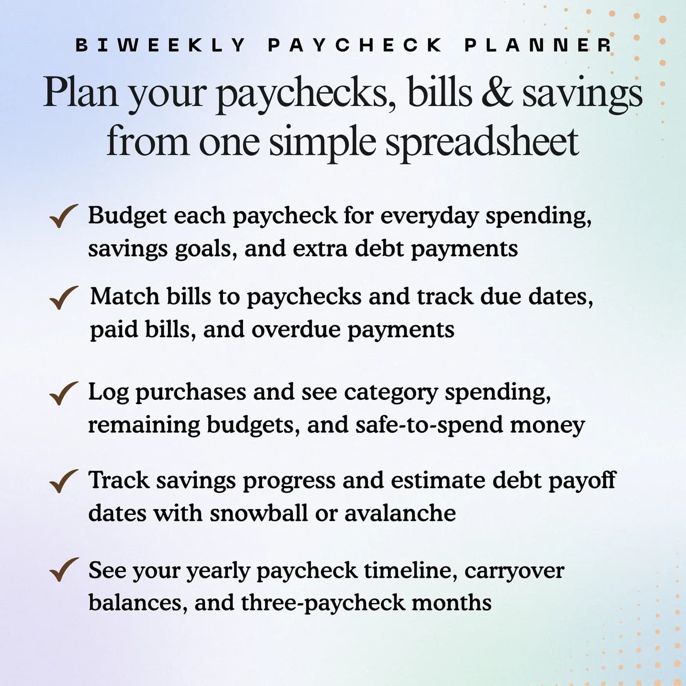 Biweekly Paycheck Budget, Features