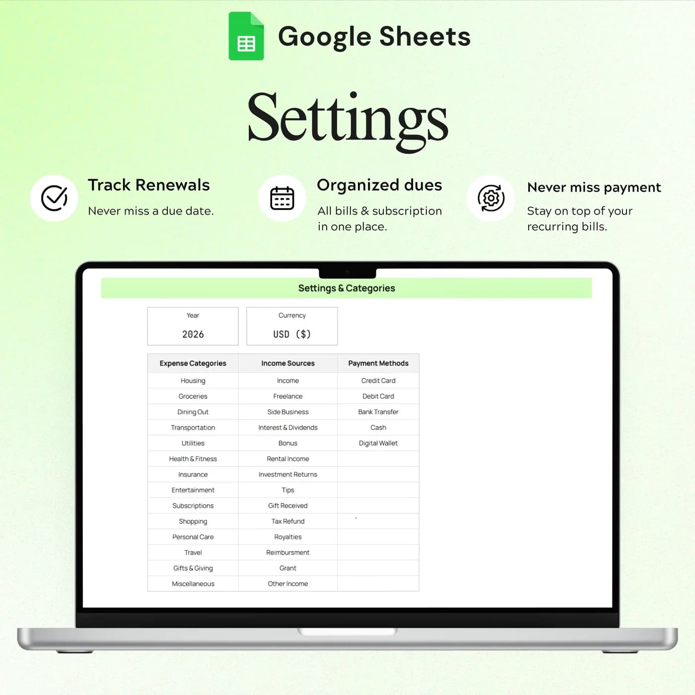 Income & Expense Tracker, Settings