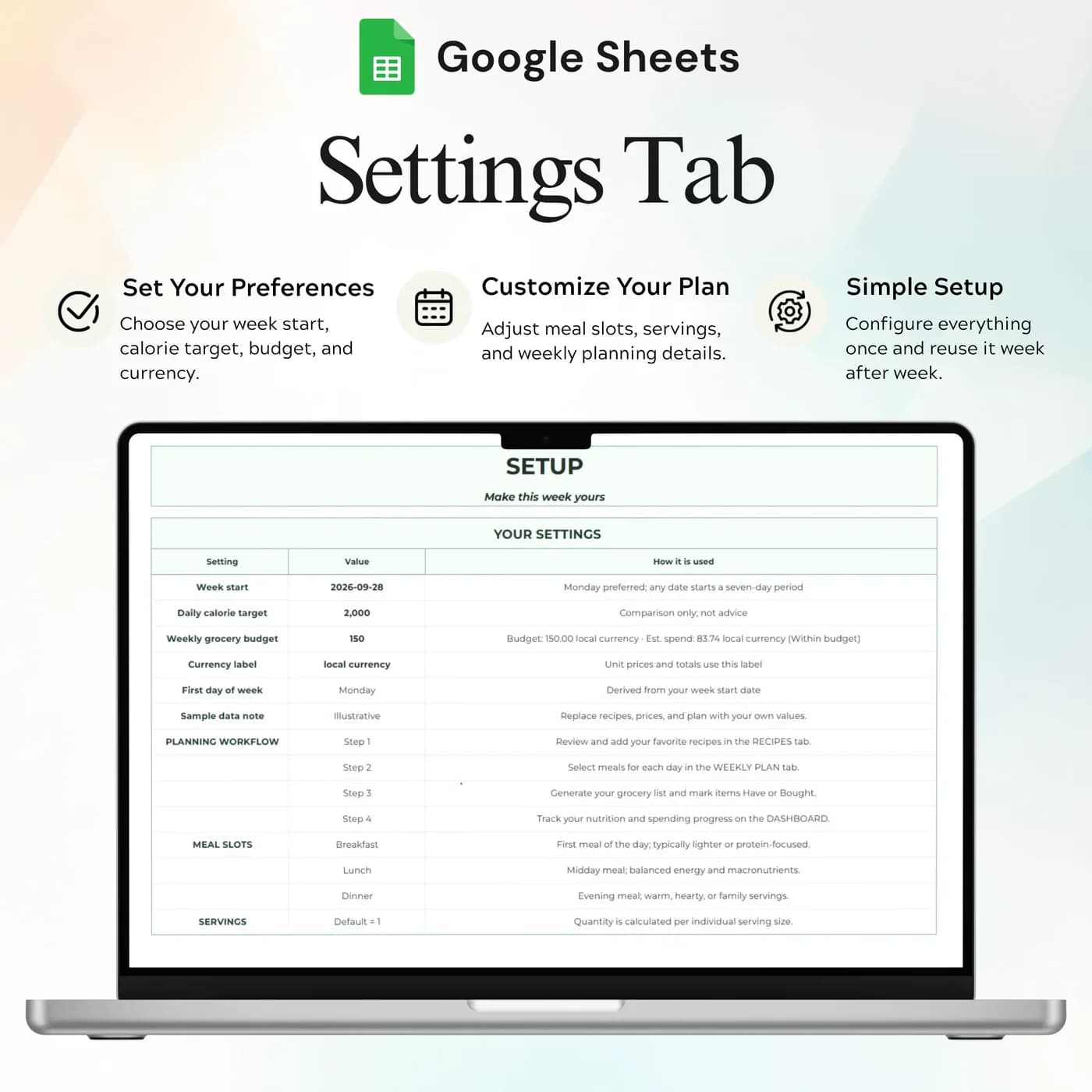 Meal Planner, Settings