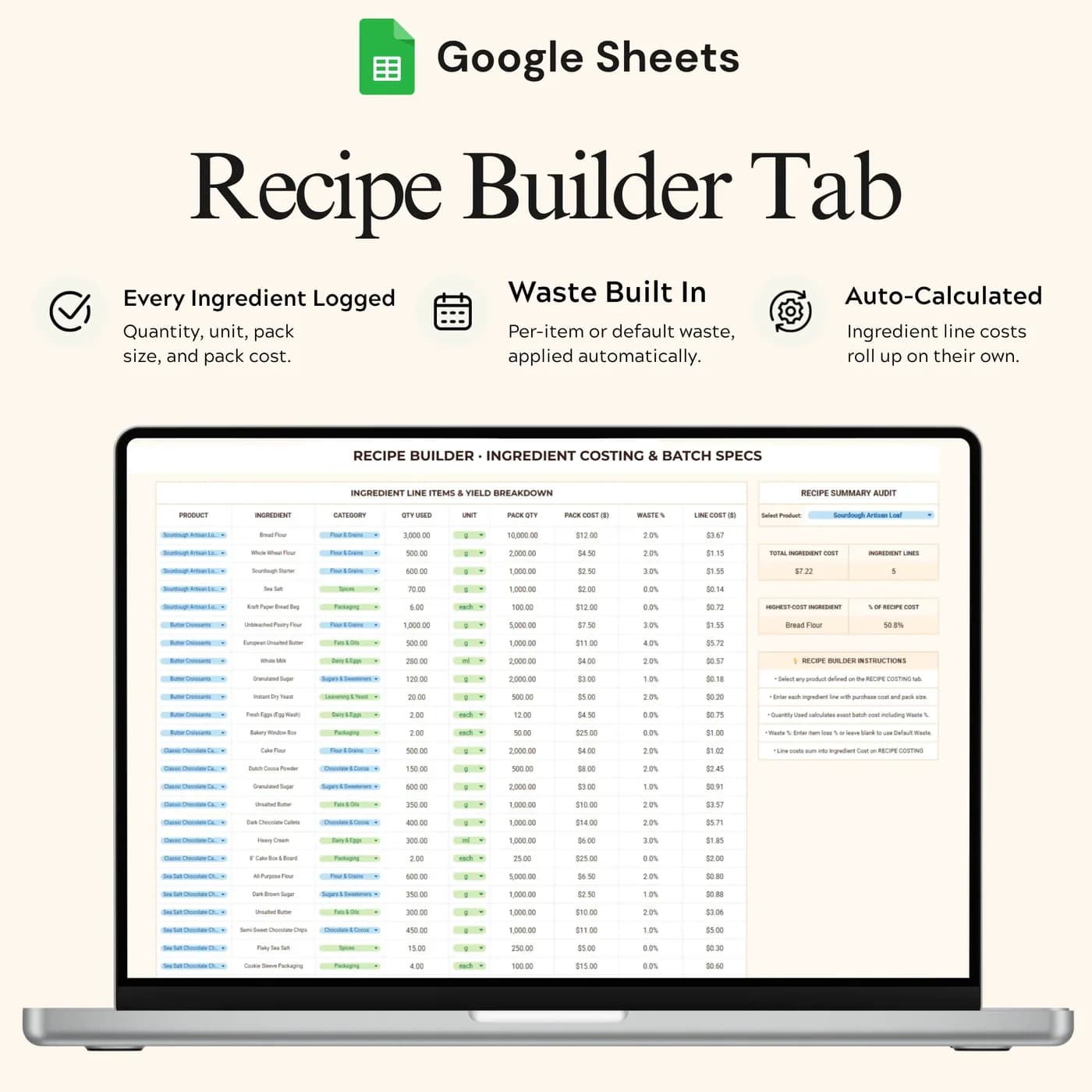 Recipe Costing & Builder, Recipe Builder Ingredient Cost Calculator