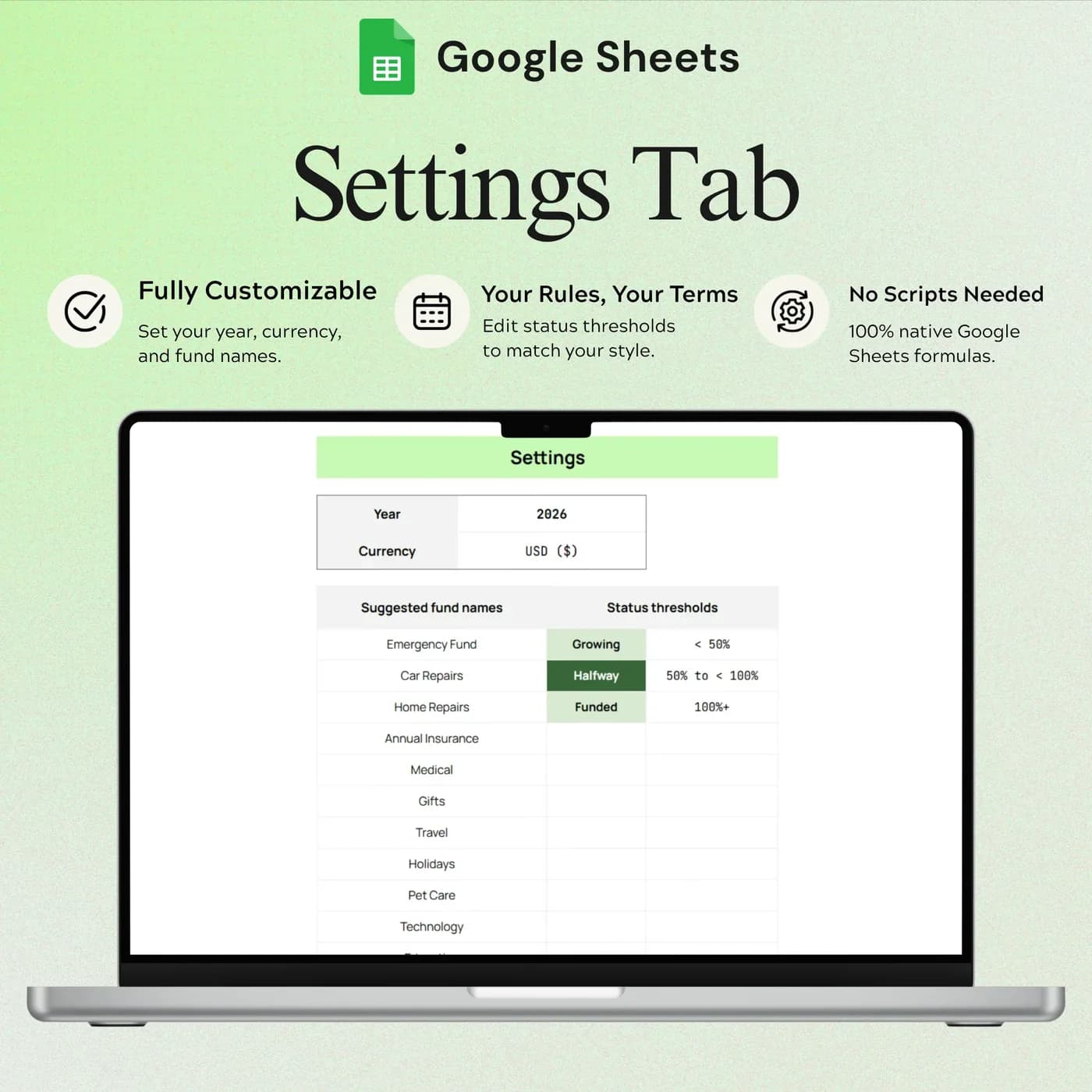 Sinking Funds Tracker, Settings