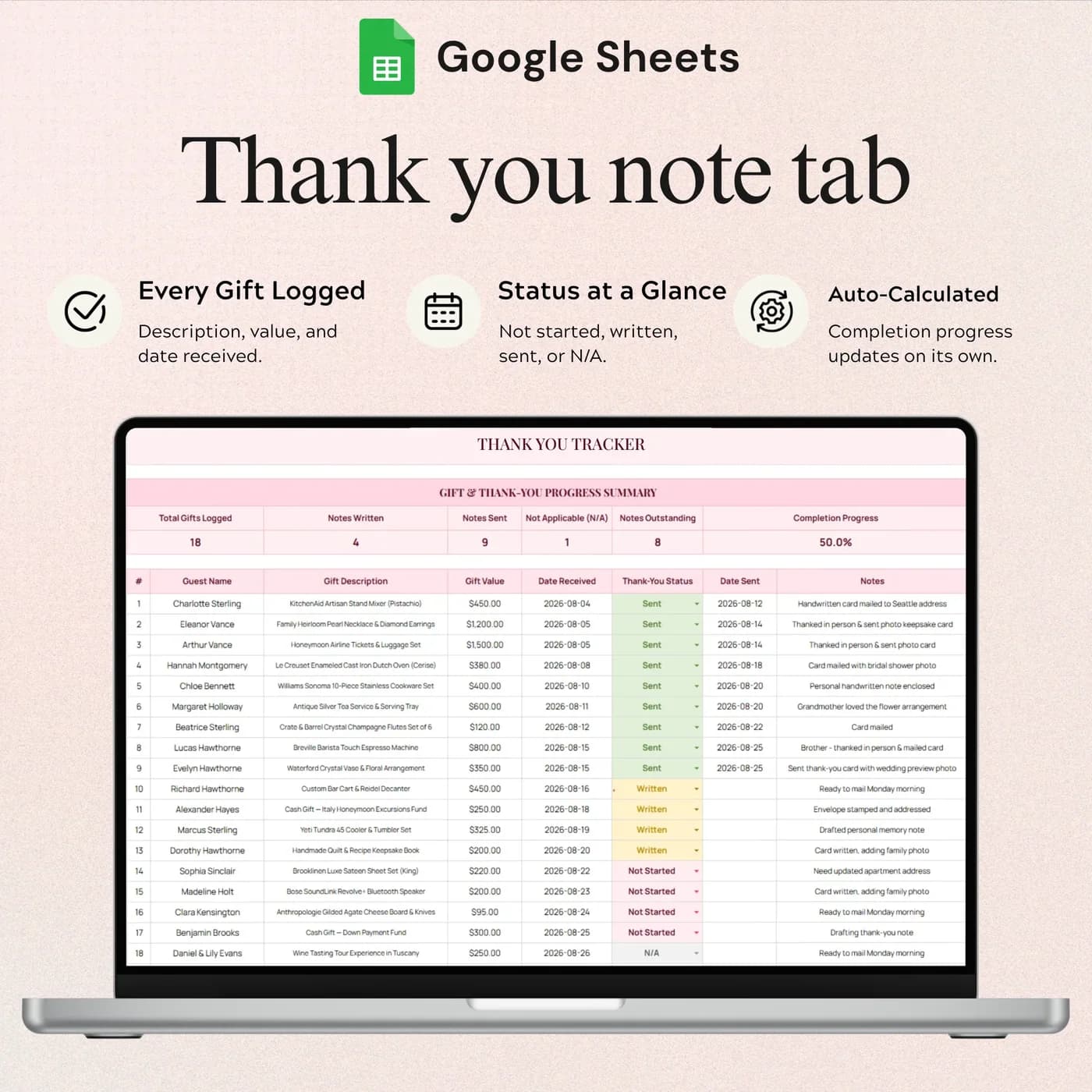 Wedding Guest & RSVP Manager, Wedding Thank You Note Tracker
