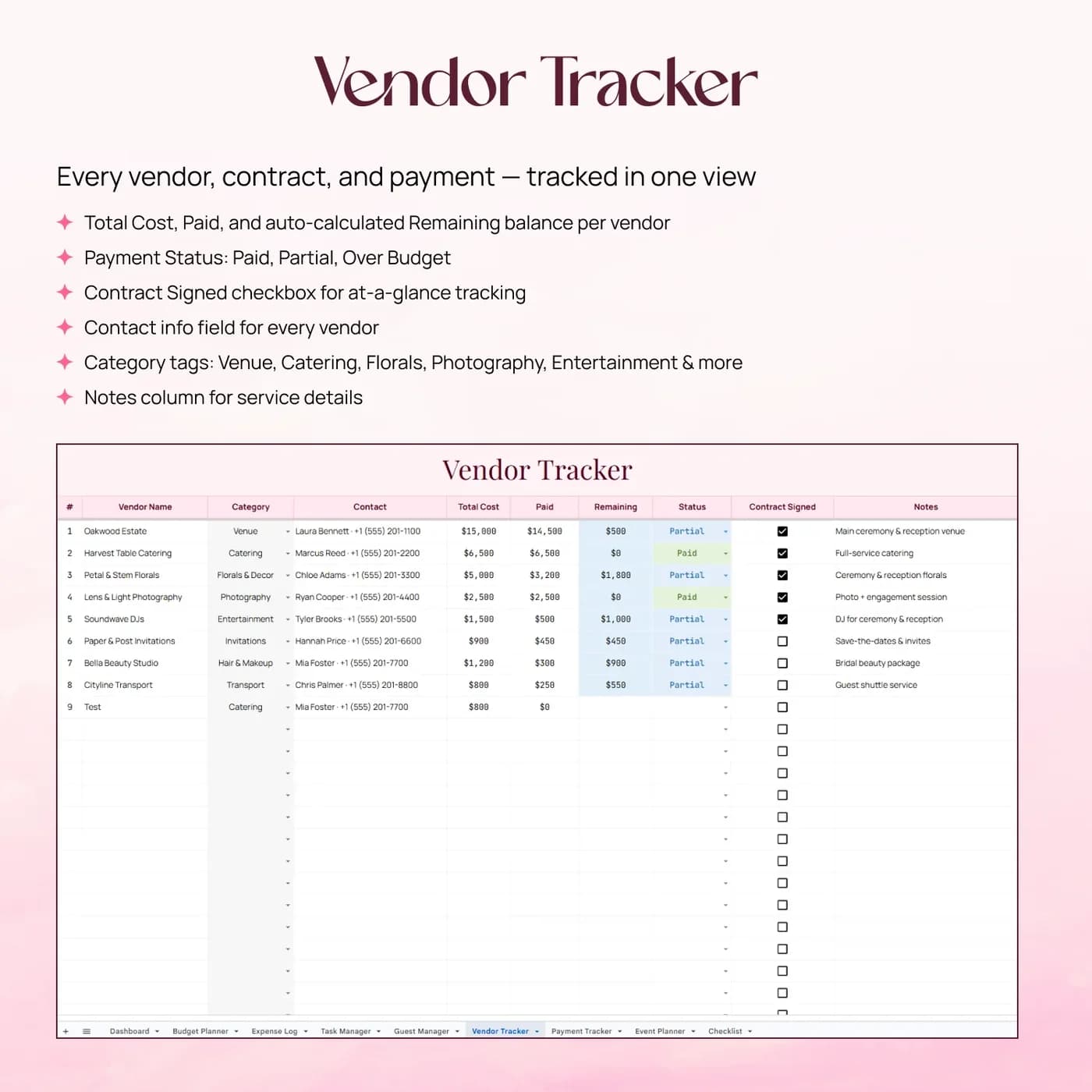 Wedding Planner, Wedding Vendor Tracker